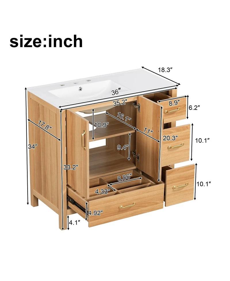 Sillysis 36 Inch Bathroom Vanity with Ceramic Sink, Solid Wood & Mdf, 4 Soft Close Drawers, Ample Storage for Small Spaces