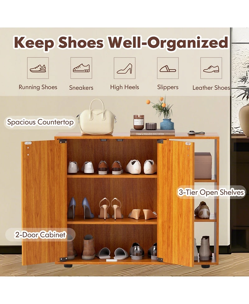 Sugift 3-Tier Shoe Cabinet with Doors with Adjustable Open Shelves for Entryway