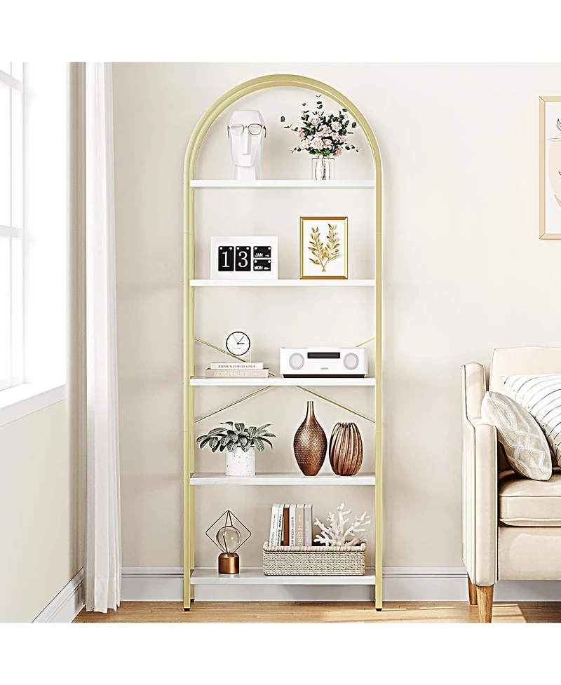 gaomon 5-Tier Modern Arched Bookshelf, Tall Metal Bookcase, Marble Veneer, Vertical Display for Office or Living Room