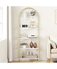 gaomon 5-Tier Modern Arched Bookshelf, Tall Metal Bookcase, Marble Veneer, Vertical Display for Office or Living Room