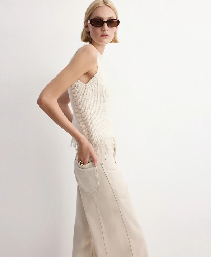 Mango Women's Lace Trim Ribbed Knit Top