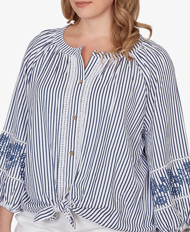 Ruby Rd. Plus Embroidered Seersucker Tie-Front Henley Top