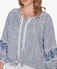 Ruby Rd. Plus Embroidered Seersucker Tie-Front Henley Top