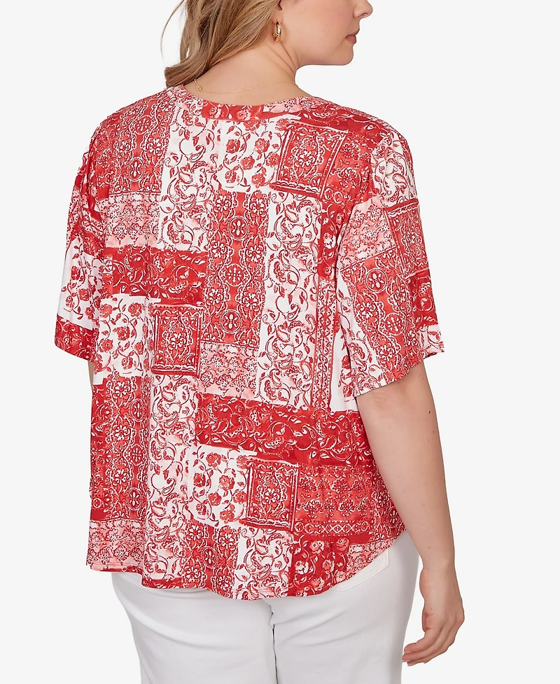 Ruby Rd. Plus Patchwork Bandana Henley T-Shirt