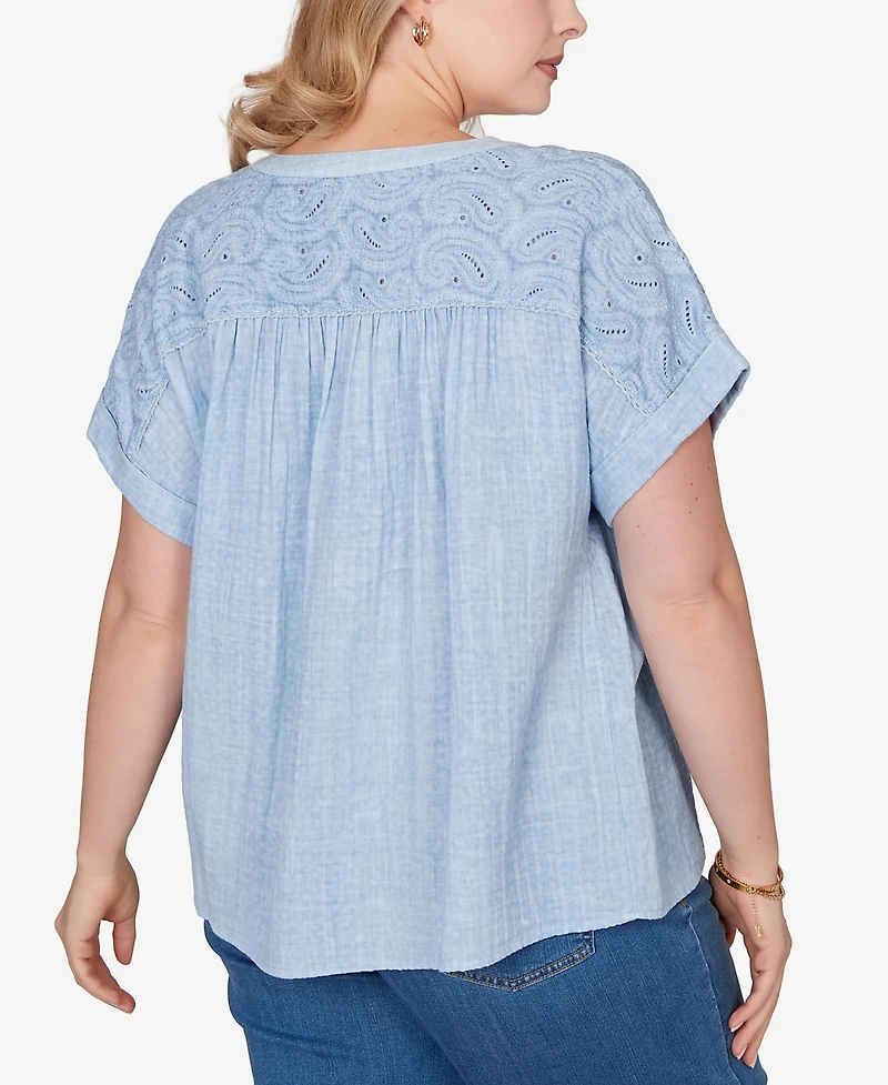 Ruby Rd. Plus Paisley Embroidered Gauze Button T-Shirt