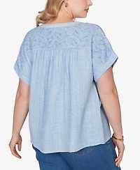 Ruby Rd. Plus Paisley Embroidered Gauze Button T-Shirt