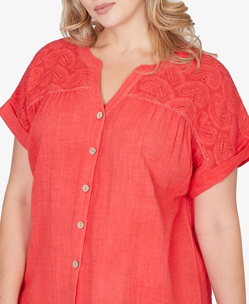 Ruby Rd. Plus Paisley Embroidered Gauze Button T-Shirt