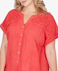 Ruby Rd. Plus Paisley Embroidered Gauze Button T-Shirt