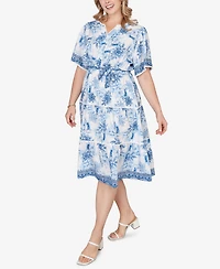 Ruby Rd. Plus Floral Toile Tie-Waist Tiered Dress