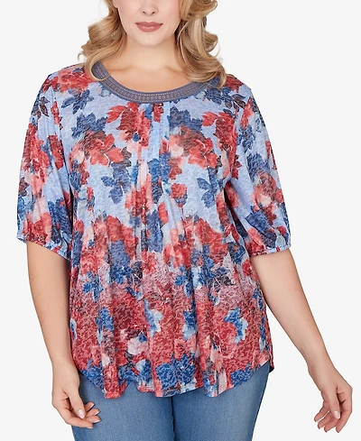 Ruby Rd. Plus Abstract Floral Lace Trim Top