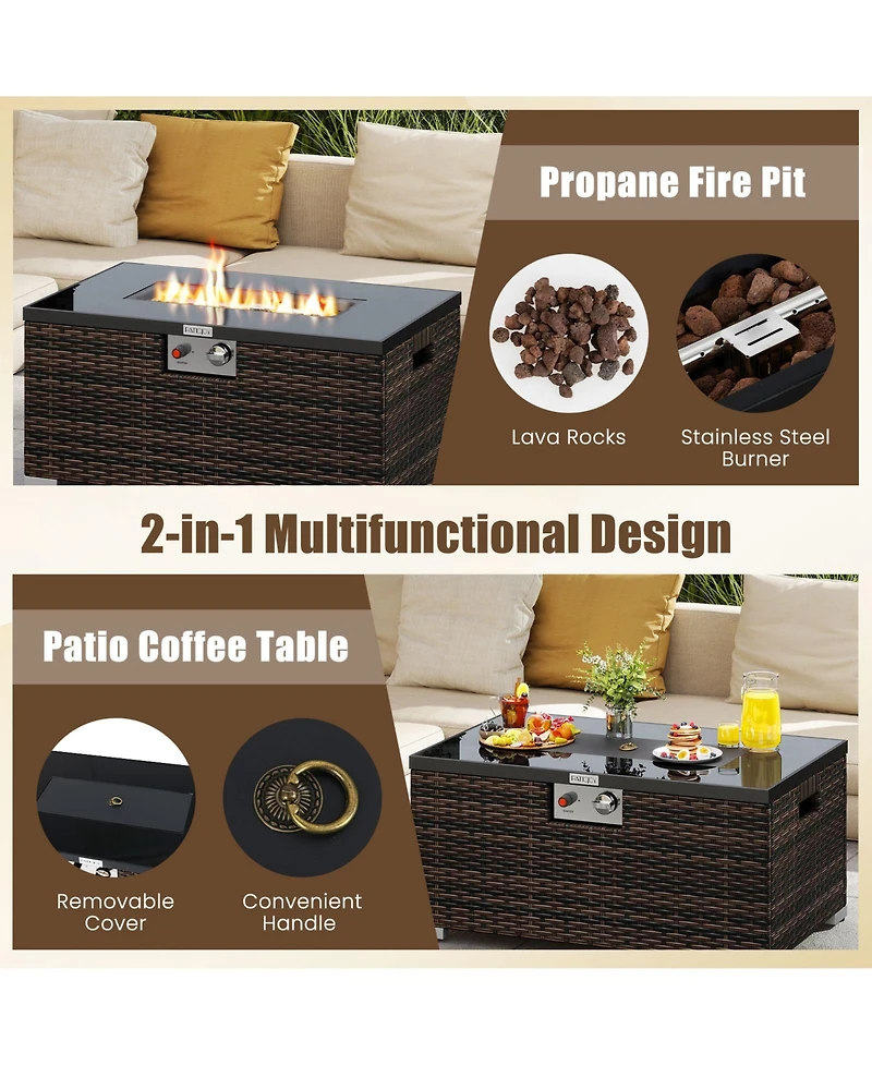 Sugift 2-Piece Outdoor Rattan Fire Table Set 32 Inch Rectangle Gas Firepit with Tank Cover