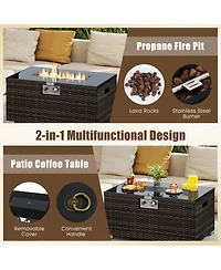 Sugift 2-Piece Outdoor Rattan Fire Table Set 32 Inch Rectangle Gas Firepit with Tank Cover