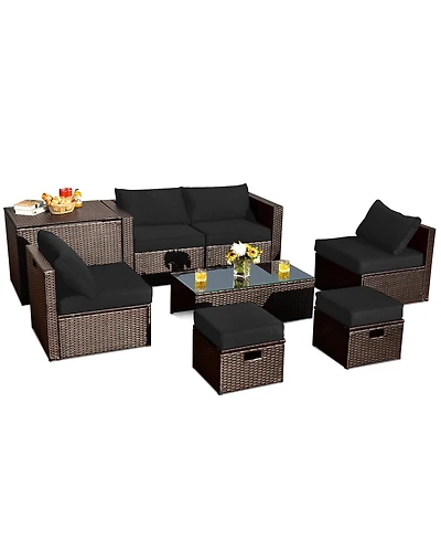 Gymax 8PCS Patio Rattan Pe Wicker Conversation Set All-Weather Furniture Set w/ Cushions Off White