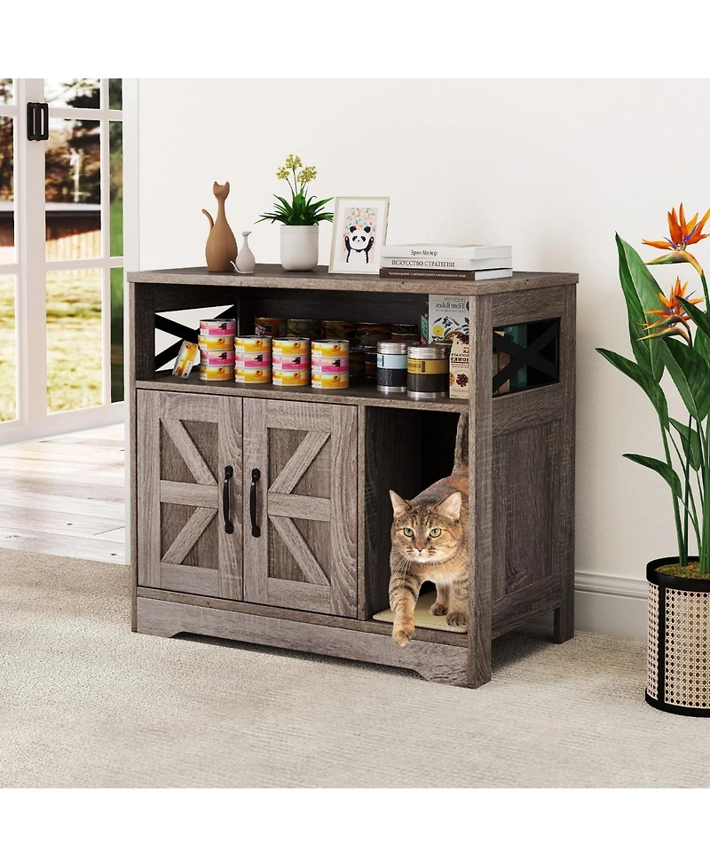 Gymax Cat Litter Box Enclosure w/ Storage Double Doors Sisal Scratching Mat Indoor