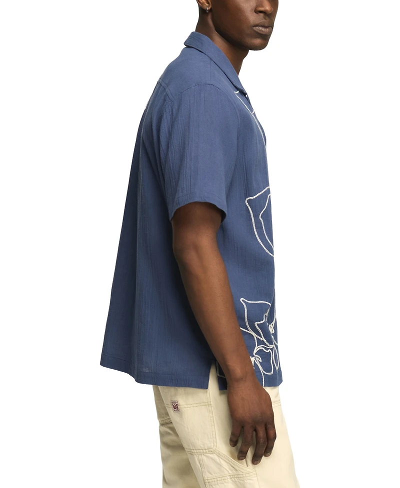 Lucky Brand Men's Floral Embroidery Camp Shirt