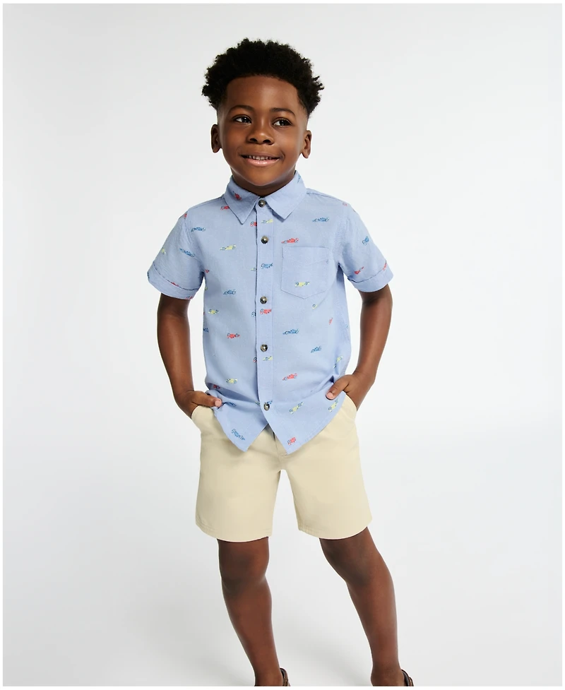 Kids Headquarters Boys' 2T-5 Short-Sleeve Racecar Print Oxford Shirt & Shorts, 2-Piece Set
