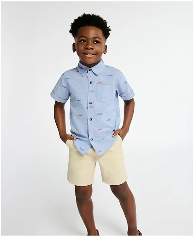 Kids Headquarters Boys' 2T-5 Short-Sleeve Racecar Print Oxford Shirt & Shorts, 2-Piece Set
