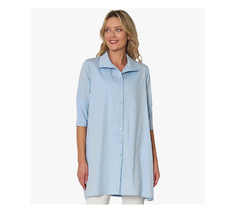 Stella Carakasi Women's 3/4 Sleeve Button-Front Cotton Poplin And Jersey Shirt Top Tiburon Tunic Icon