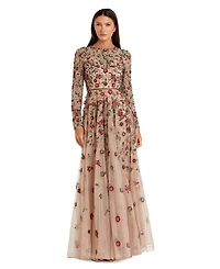 Mac Duggal Women's Petite Embellished High Neck Long Sleeve A-Line Gown