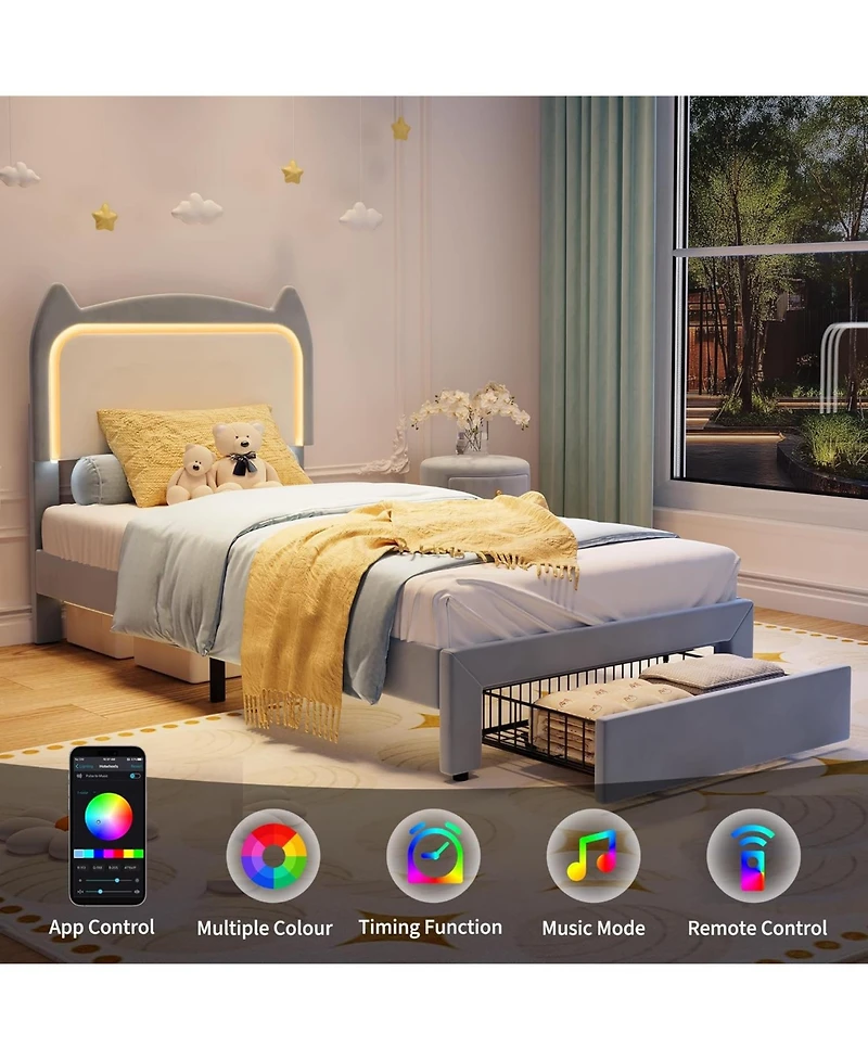 gaomon Twin Upholstered Led Bed Frame with Storage Drawer and Cat Headboard, Velvet Princess Platform Bed for Kids