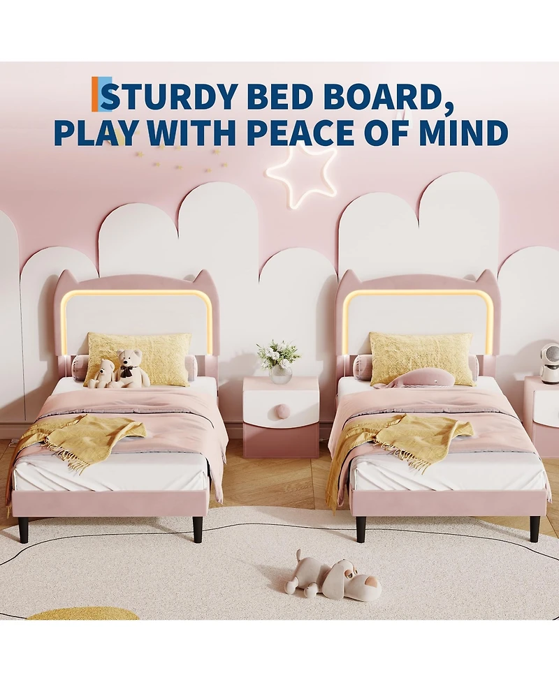 gaomon Twin Upholstered Led Bed Frame with Cat Headboard, Velvet Platform Bed Frame for Kids, Sturdy Slats