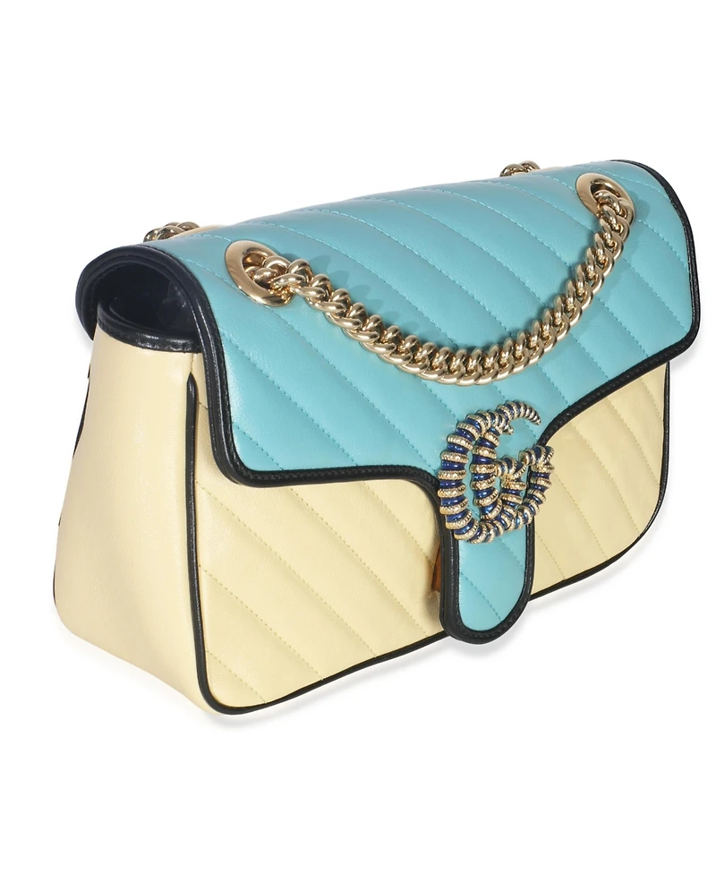 Pre-Owned Gucci Blue Yellow Calfskin Matelasse Diagonal Torchon Small Gg Marmont Bag