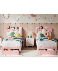 gaomon 2 Upholstered Bed for Kids, Velvet Platform Bed with Storage Bookcase Headboard, Large Drawer Easy Assembly