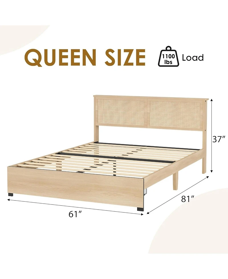 gaomon Platform Bed with Drawers, Natural Rattan Headboard, Rgb Led Lights, Strong Slats, Quiet, No Box Spring Needed