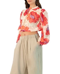 Ivonne Women's Shimmering Printed Blouse with Pleated Round Neck