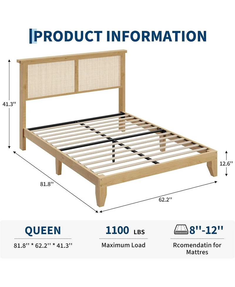 gaomon Queen Rattan Bed Frame With Led Headboard and Rattan Strong Wood Platform Silent Slats Storage No Box Spring