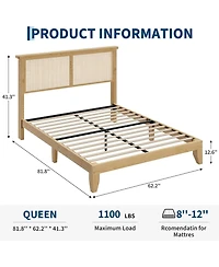 gaomon Queen Rattan Bed Frame With Led Headboard and Rattan Strong Wood Platform Silent Slats Storage No Box Spring