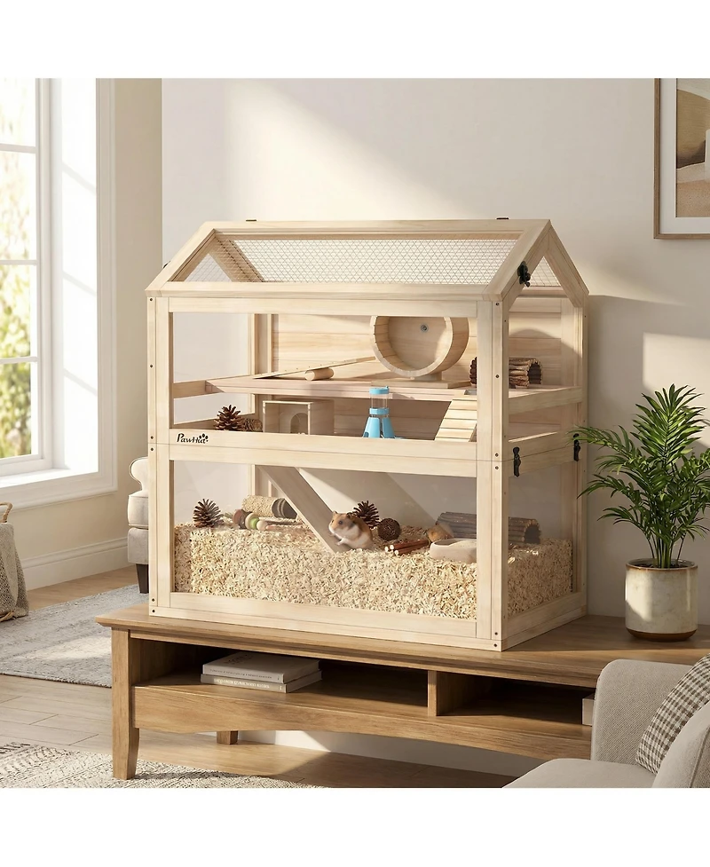 PawHut Wooden Hamster Cage, 3-Tier Small Animal Cage with Hut, Seesaw, Ramps