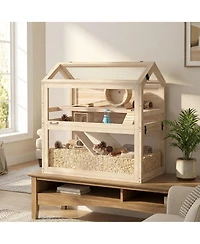 PawHut Wooden Hamster Cage, 3-Tier Small Animal Cage with Hut, Seesaw, Ramps