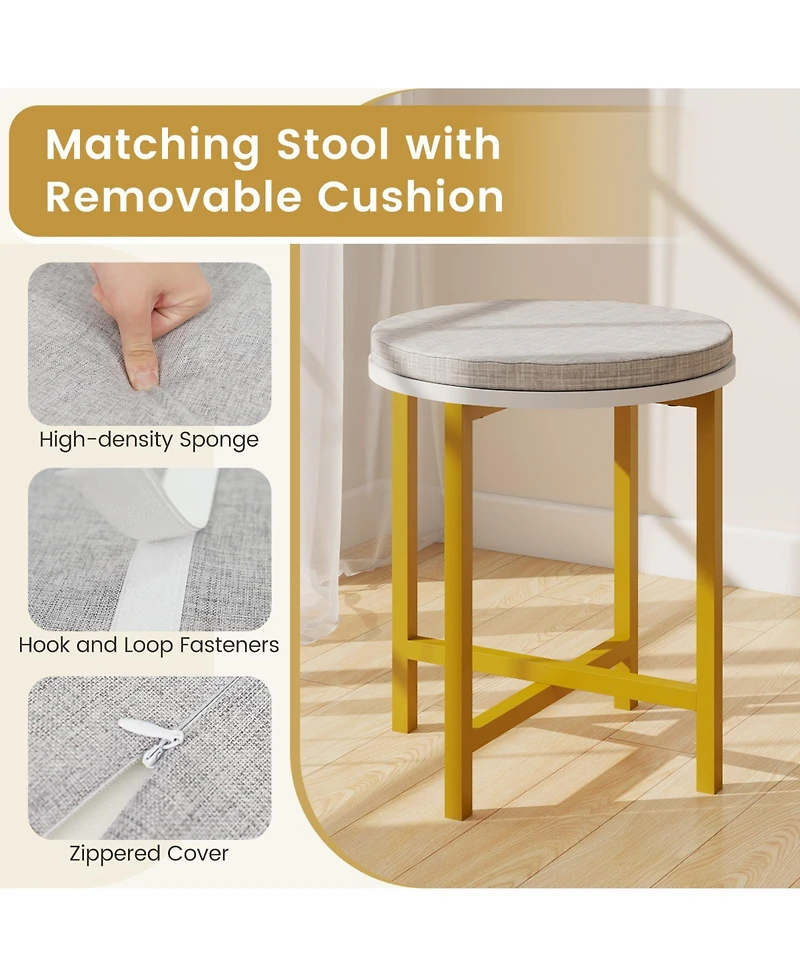 Sugift Vanity Desk with Mirror Lights and Cushioned Stool Set