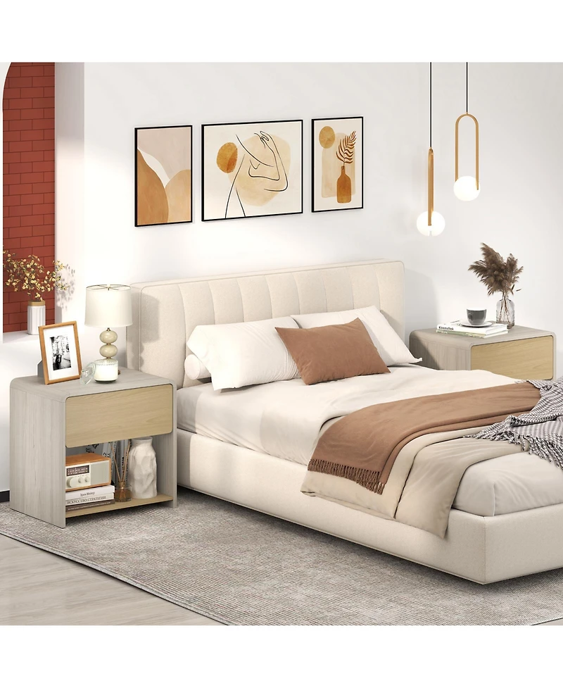 Sugift Modern Two Tier Nightstand with Drawer and Open Shelf