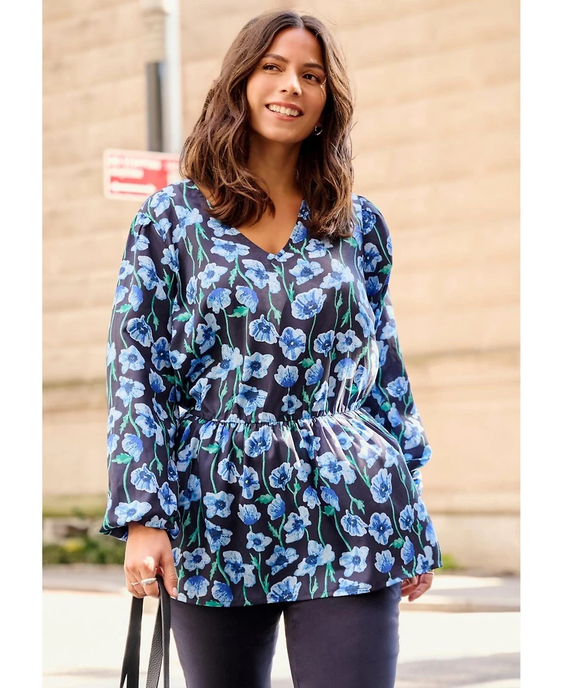 Avenue Women's Plus V Neck Blouson Elastic Waist Blouse