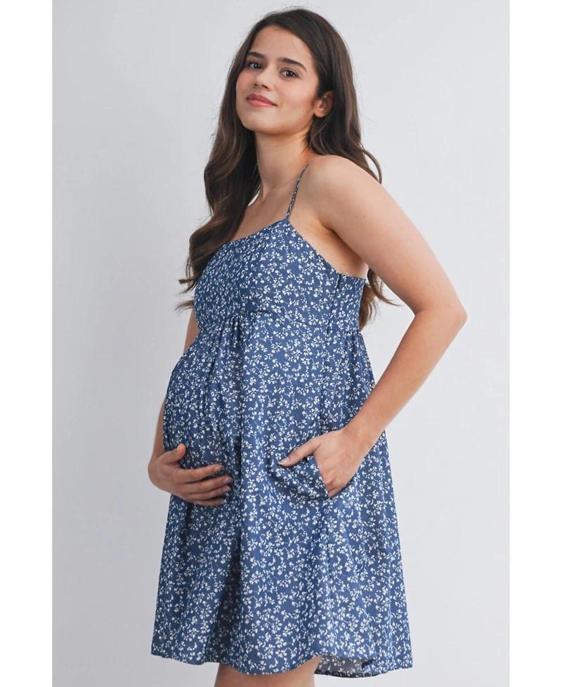 Hello Miz Maternity Floral Square-Neck Adjustable Strap Romper with Pockets