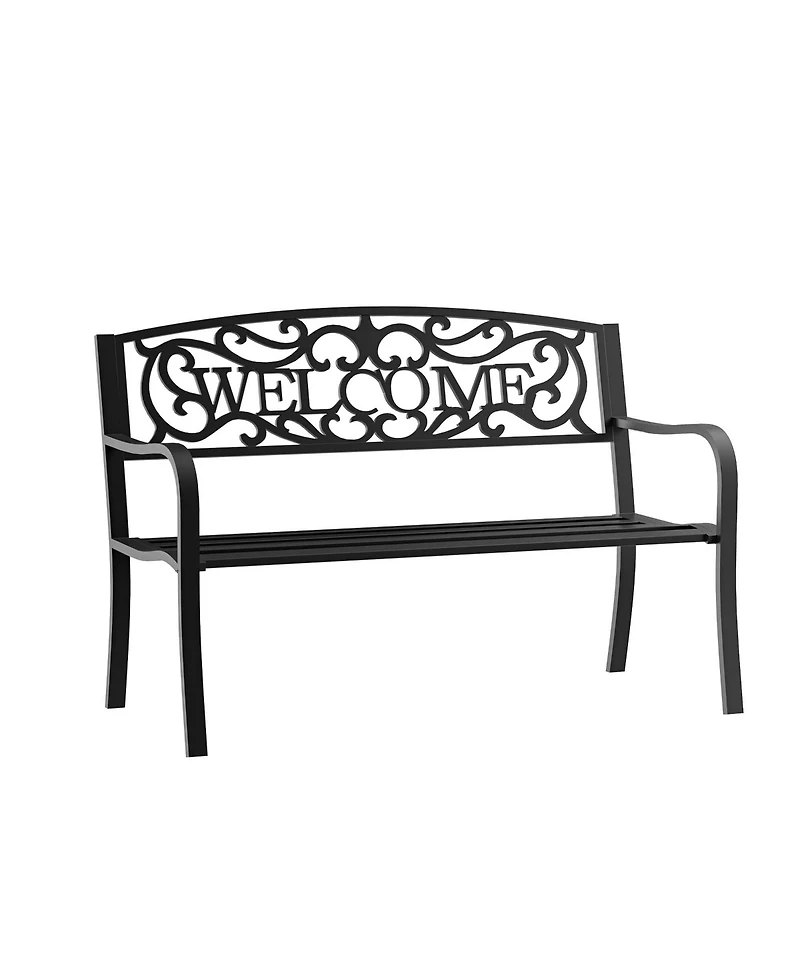 Clihome Outdoor Metal Bench, Garden Bench with Slatted Seat, Patio Bench
