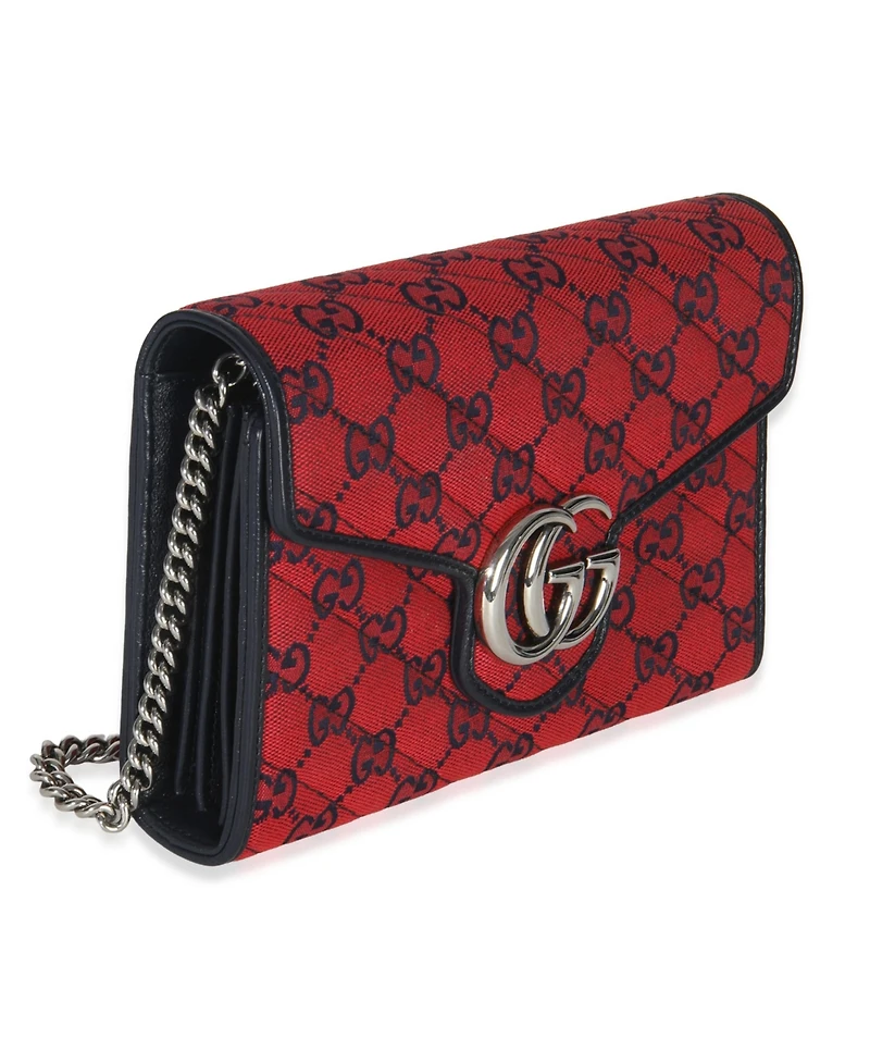 Pre-Owned Gucci Red Blue Matelasse Diagonal Canvas Gg Marmont Chain Wallet