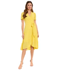 London Times Petite Eyelet Faux-Wrap Midi Dress
