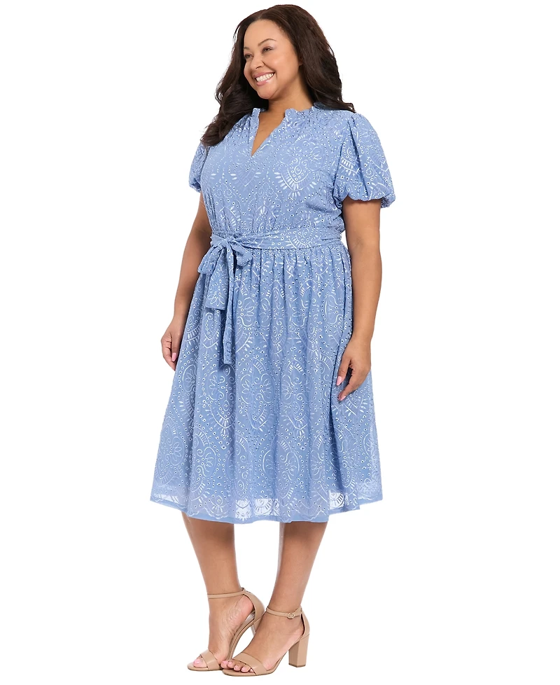 London Times Plus Short-Sleeve Notch Neck Midi Dress