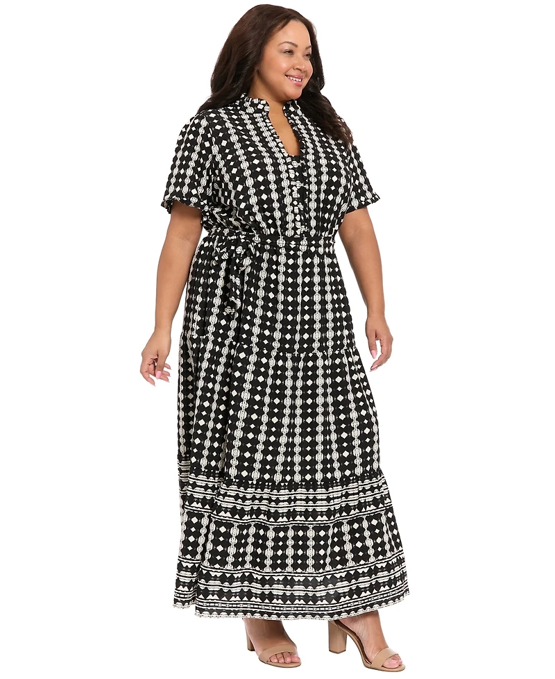 London Times Plus Short-Sleeve Ruffle Collar Tiered Maxi Dress