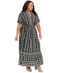 London Times Plus Short-Sleeve Ruffle Collar Tiered Maxi Dress