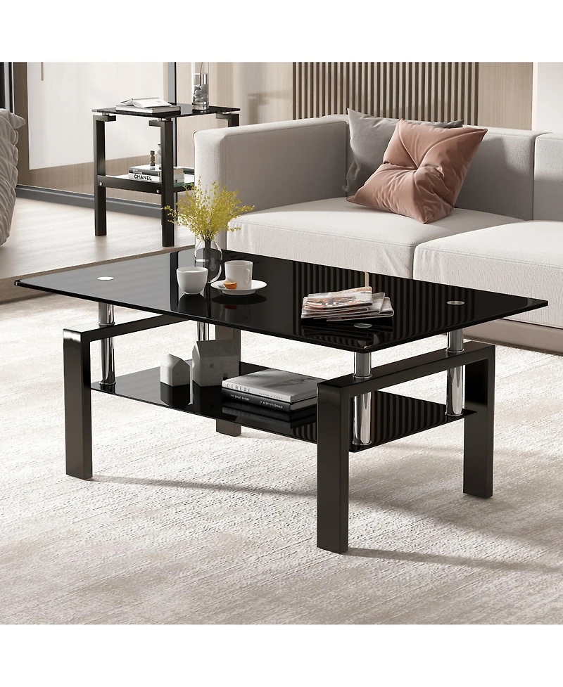 Rainsken Rectangle 2-Tier Glass Coffee Table, Modern Small Center Table with Storage and Metal Legs for Living Room