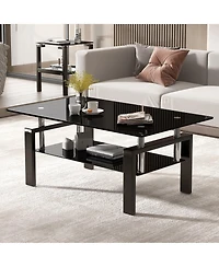 Rainsken Rectangle 2-Tier Glass Coffee Table, Modern Small Center Table with Storage and Metal Legs for Living Room
