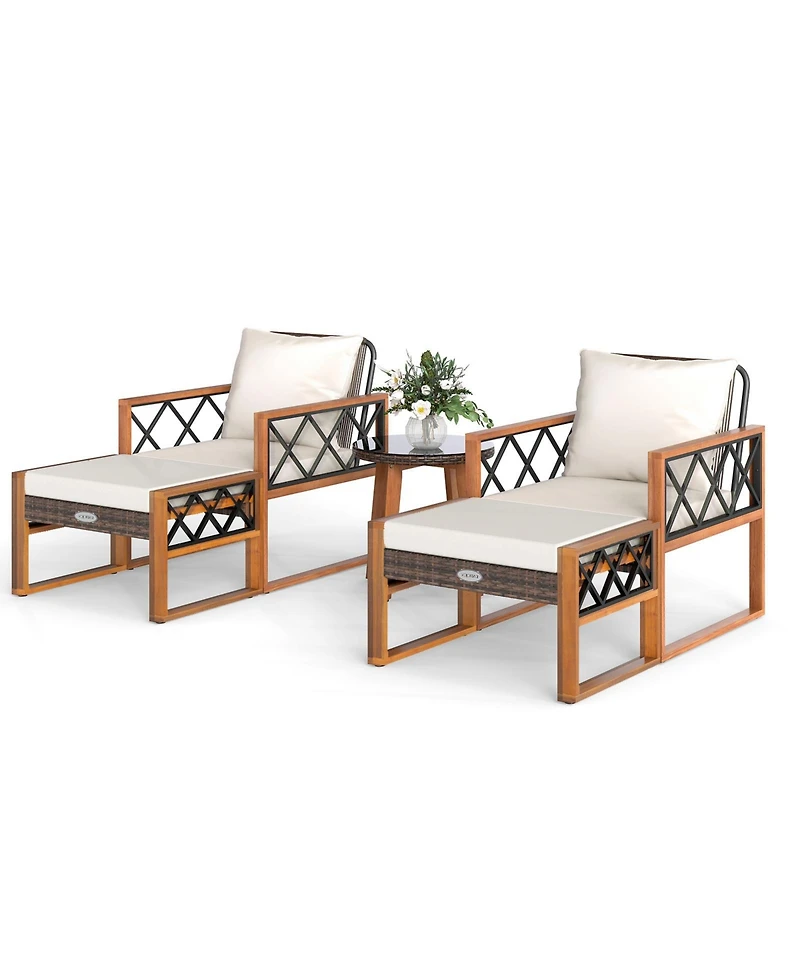Gymax 5 Pcs Pe Rattan Conversation Set w/Acacia Wood Table Chairs w/Ottomans Outdoor