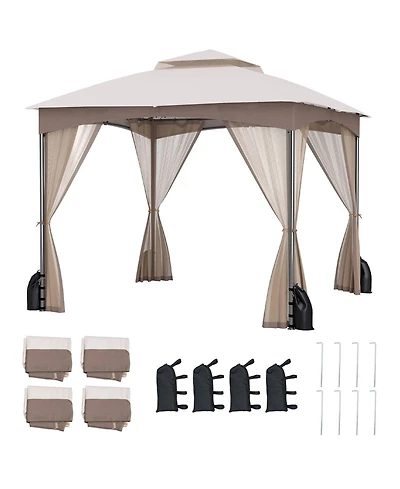 Gymax 10 X 10 Ft Patio Gazebo w/ Netting Walls Soft Top Double Roof Canopy w/ 4 Sandbags Outdoor