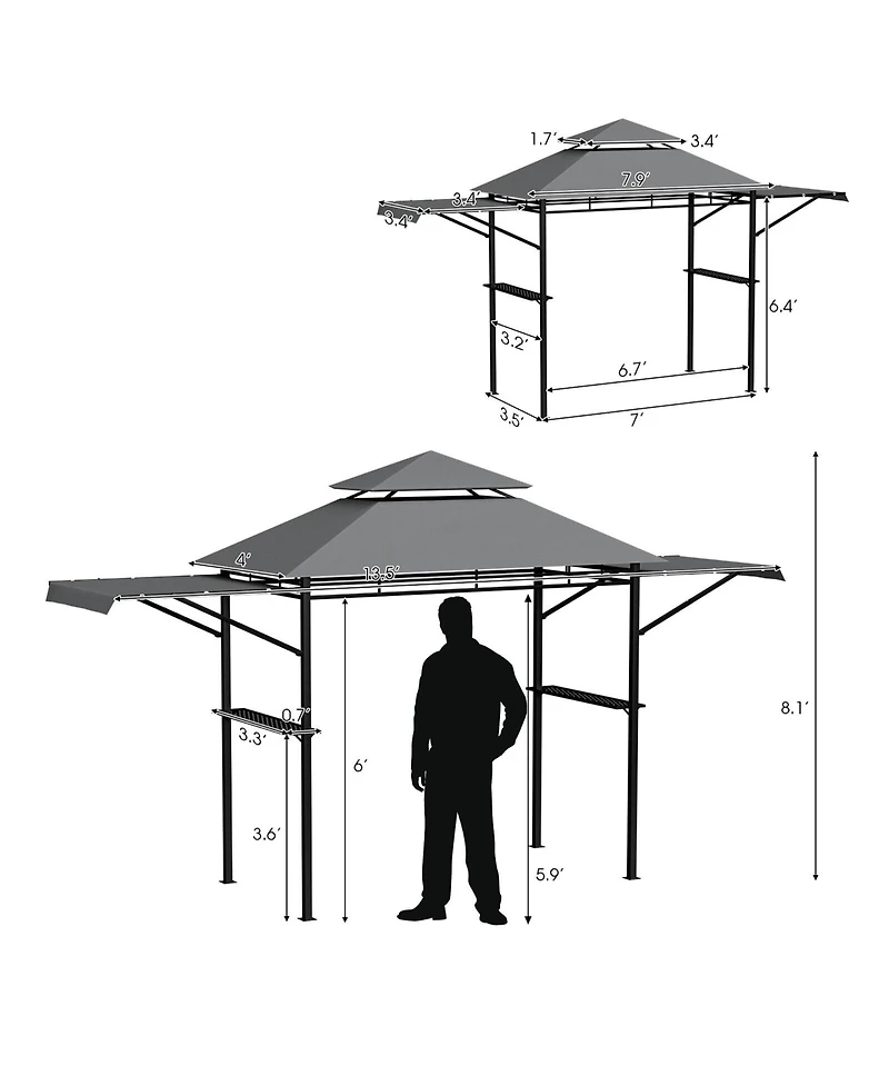 Gymax 13.5' x 4' Patio Bbq Grill Gazebo Side Awnings Shelves 2-Tier Canopy Outdoor
