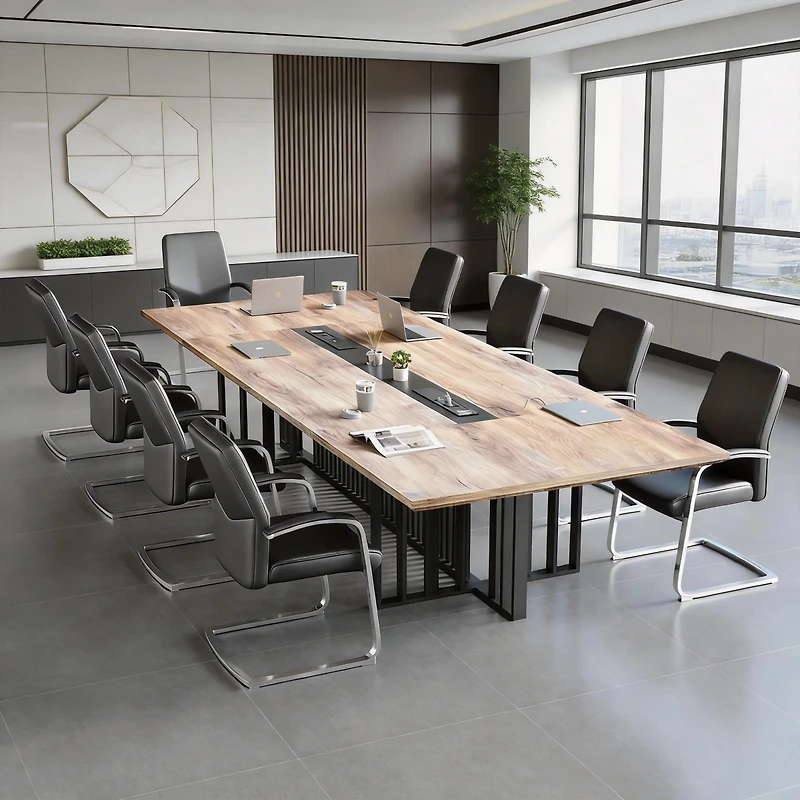 logicfox Large Conference Table with 2" Thick Top and Metal Grid Base Outlets