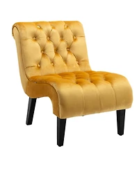 Rainsken Modern Velvet Accent Chair, Upholstered Fabric Button Reading Chaise with Tufted Back, Wooden Legs and Rolled Edge Design for Living Room